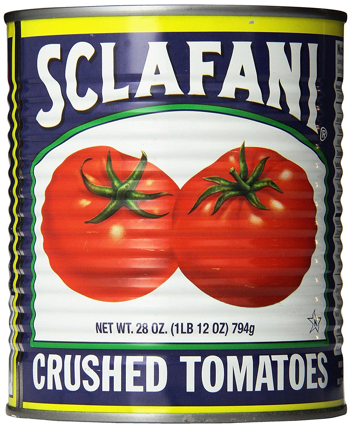 A can of Sclafani brand crushed tomatoes, with two large red tomatoes on the label and the words "Sclafani Crushed Tomatoes" surrouding them.
